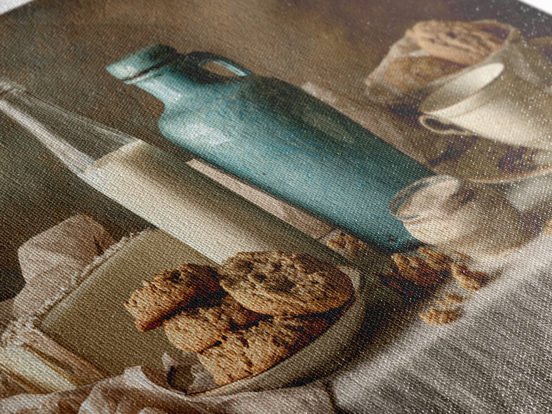 Milk Bottle and Cookies Nostalgic Still Life Framed Canvas Print, Bakery Art, Kitchen Wall Art, Bakery Decor, Oil Painting, BAK-2x1-90