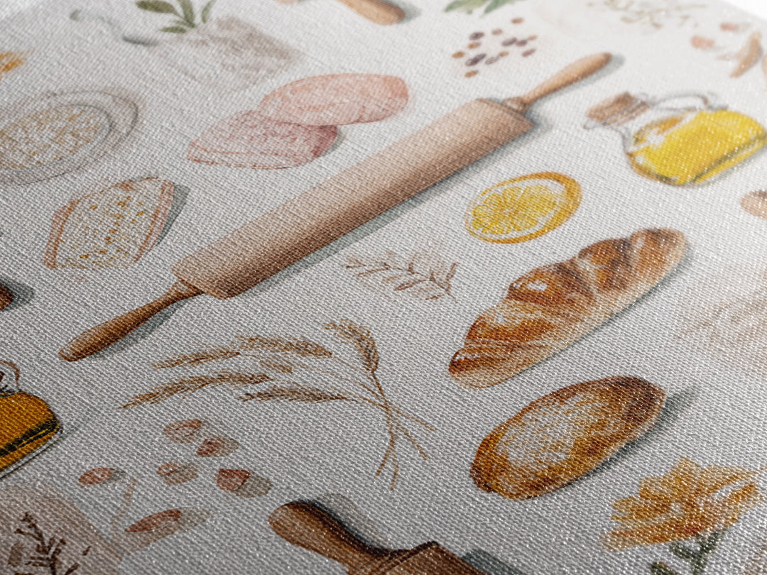 Patisserie Pattern of Rolling Pins and Pastries Canvas Print, Bakery Art, Printable Art, Bakery Decor, Watercolor Art, BAK-2x3-29