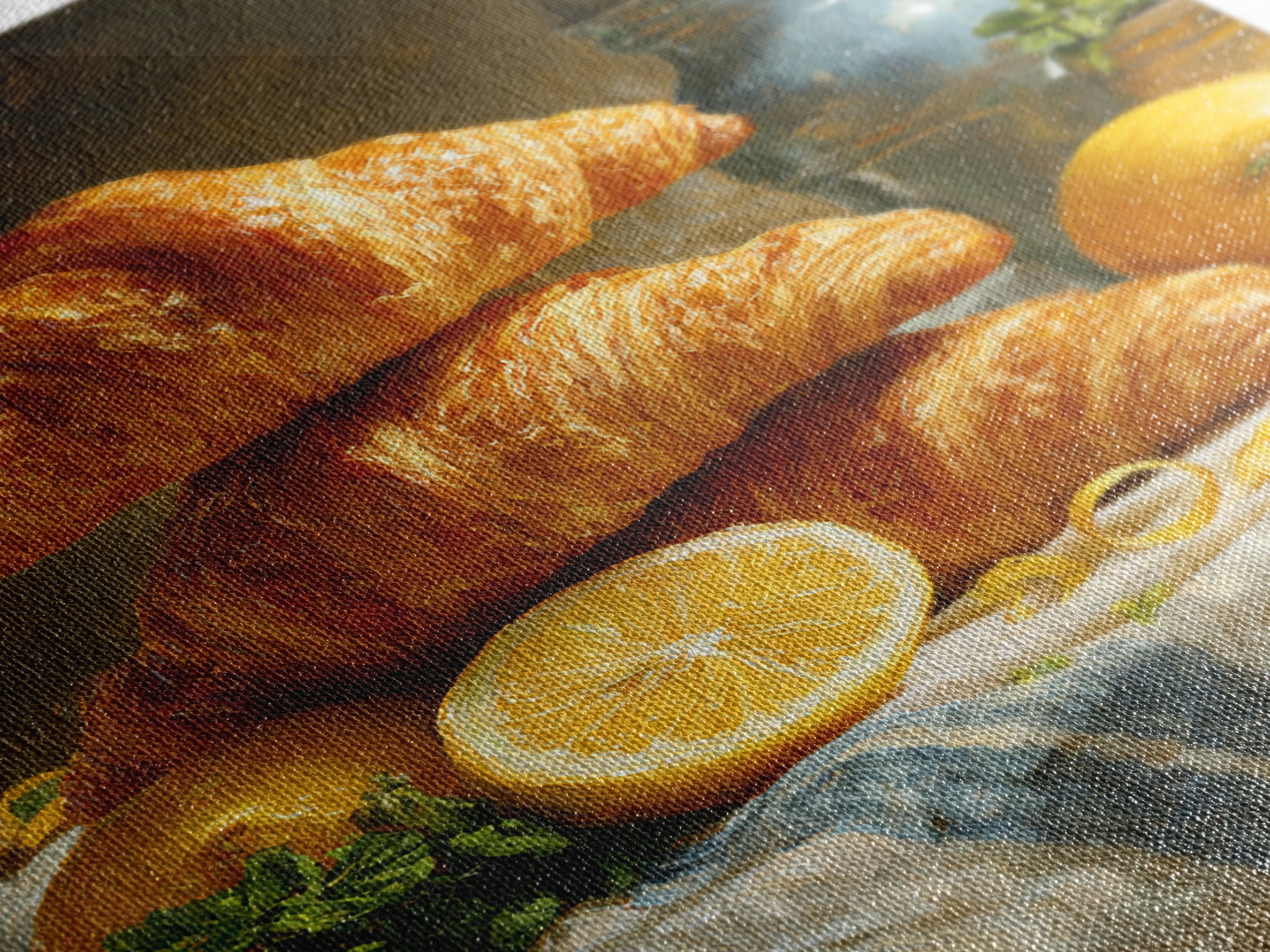 Buttery Croissants Stacked on Striped Linen Canvas Print, Bakery Art, Watercolor Print, Bakery Decor, Fine Art, Patisserie, BAK-2x3-57