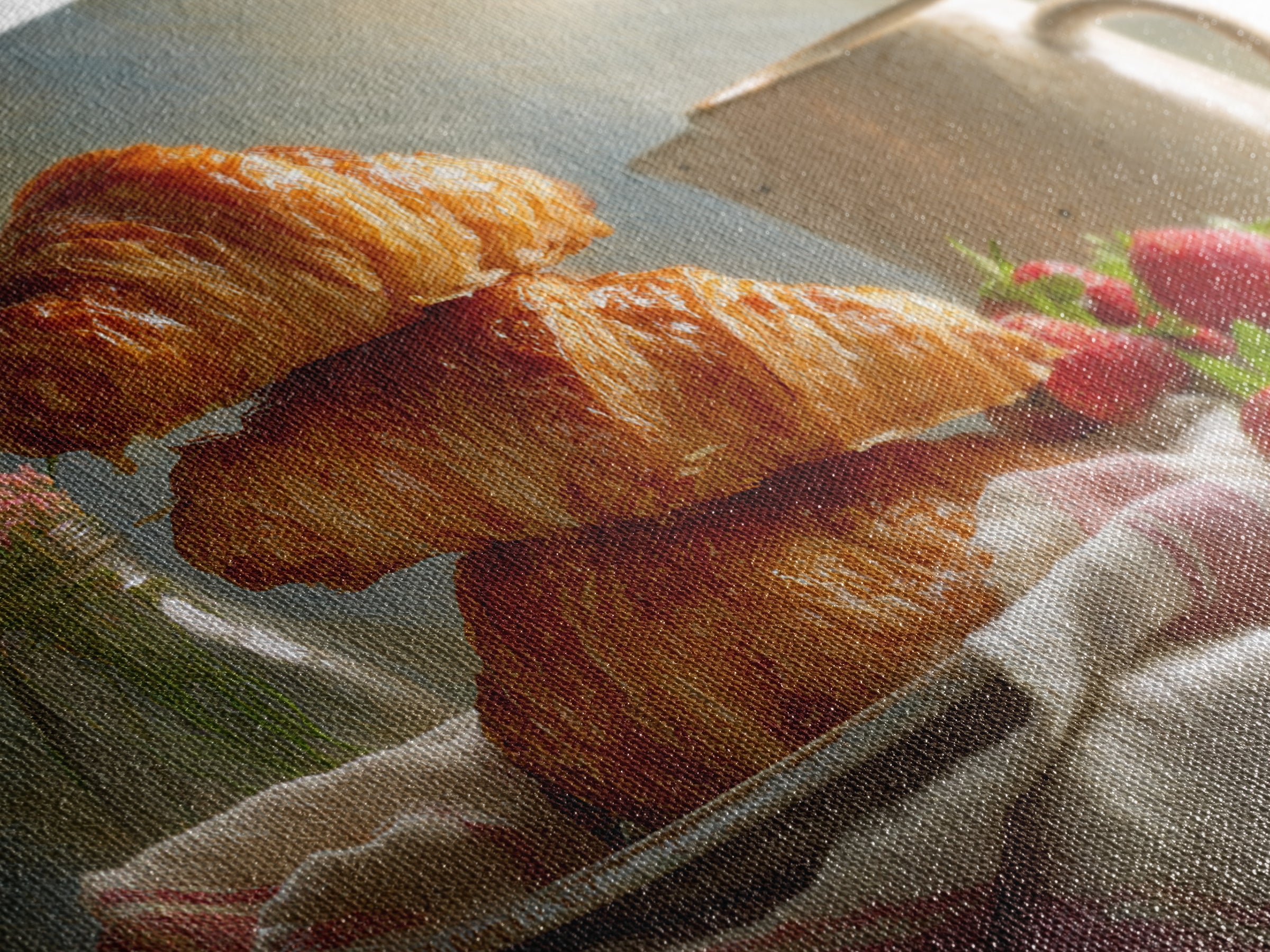 Buttery Croissants Stacked on Striped Linen Framed Canvas Print, Bakery Art, Room Decor, Bakery Decor, Abstract Art, Patisserie, BAK-3x2-77