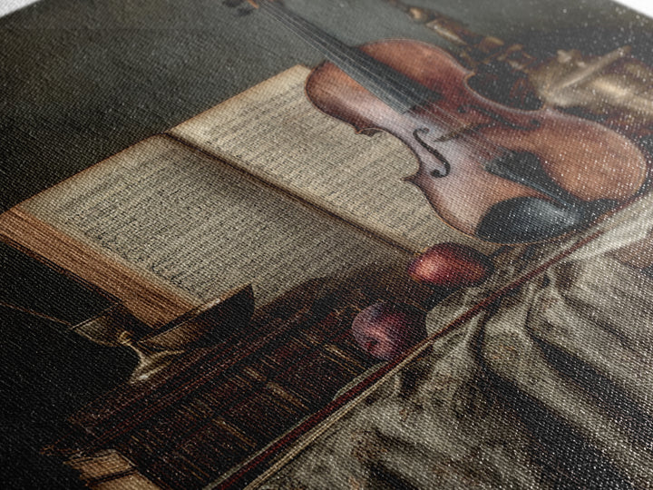 Baroque Violin and Sheet Music Still Life Framed Canvas Print, Baroque Art, Digital Wall Art, Living Room Decor, Ornate, BAO-1x1-11