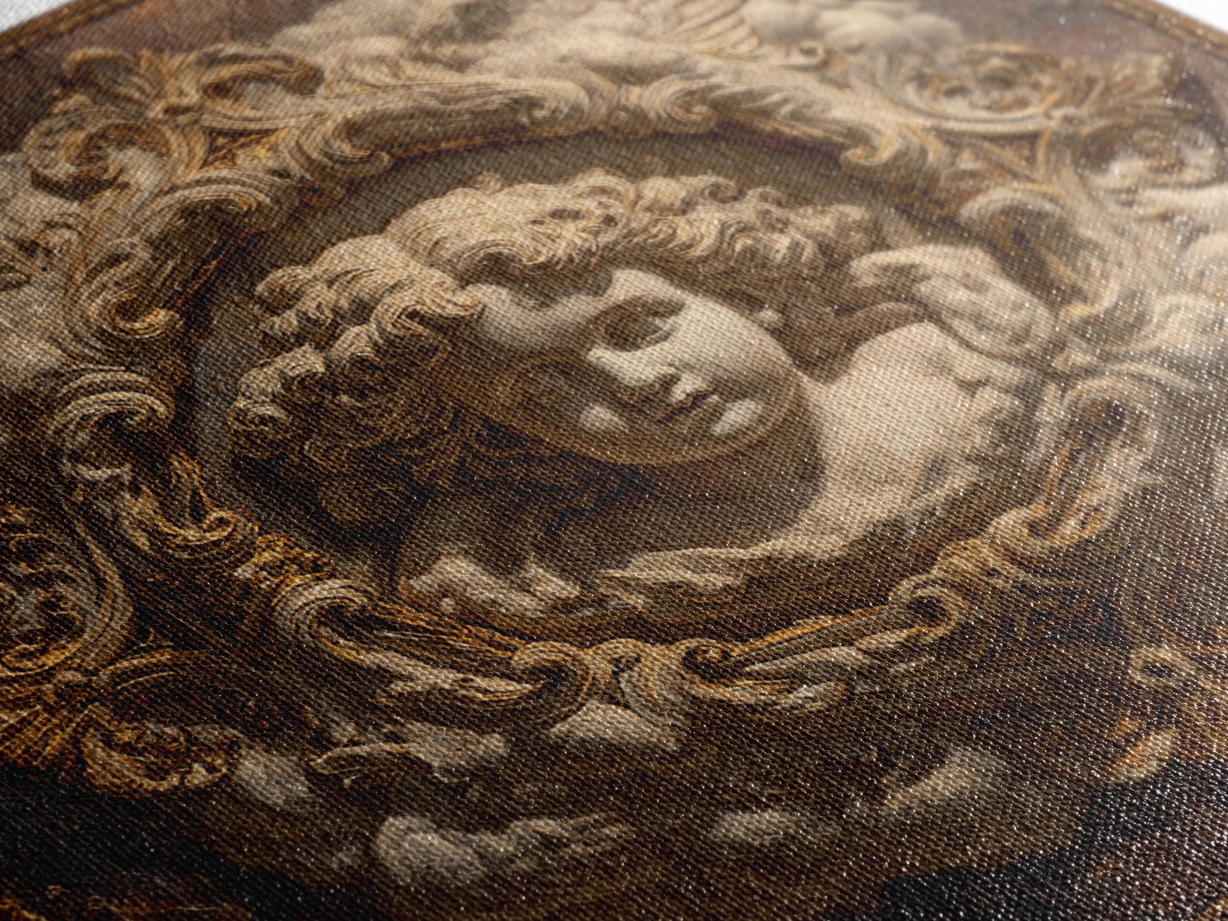 Ornate Cherub Figure Surrounded by Clouds and Framed Canvas Print, Baroque Art, Whimsical Decor, Living Room Decor, Ornate, BAO-1x1-2