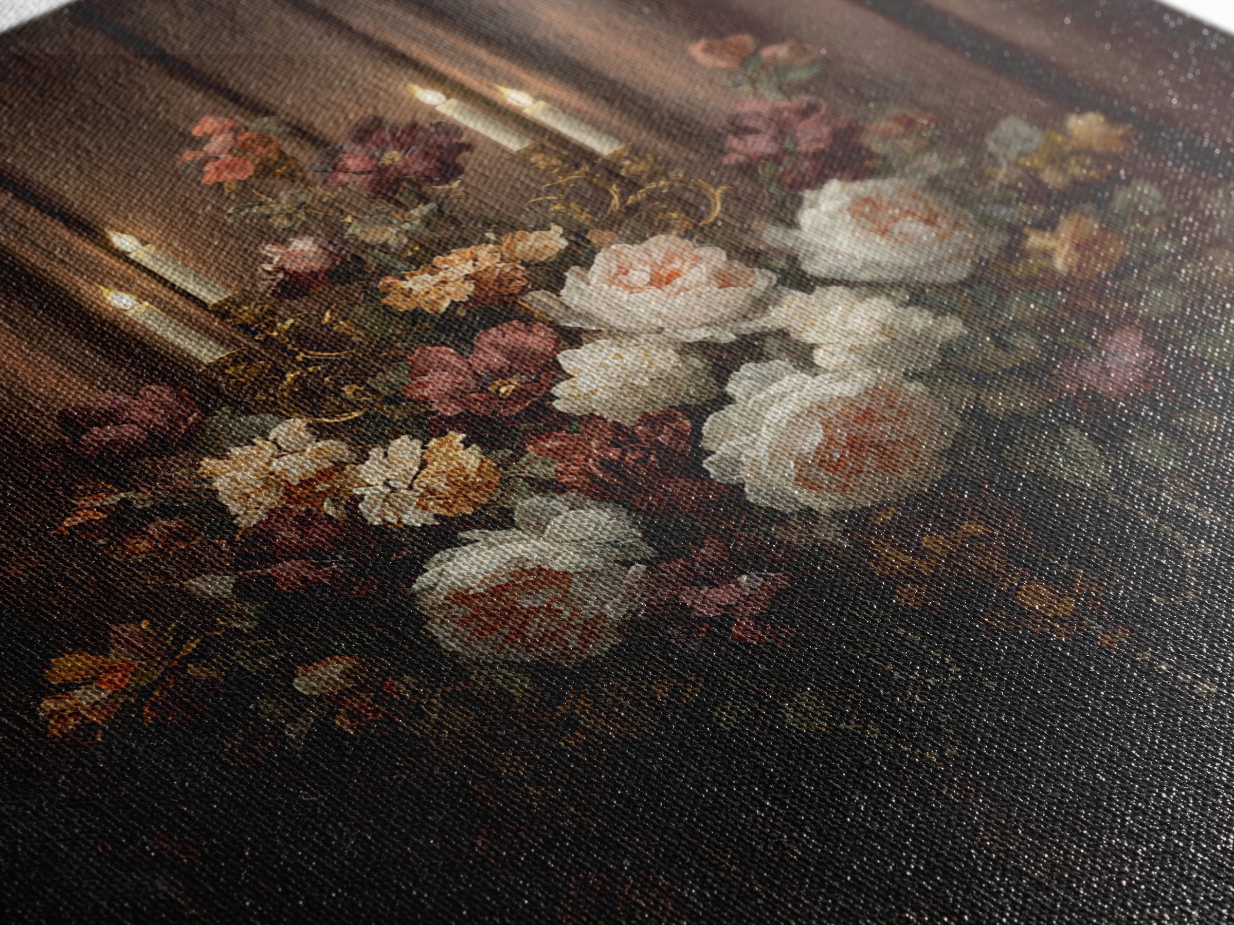 Velvet Drapery with Pearls Flowers and Candlelight Canvas Print, Baroque Art, 3d Wall Art, Living Room Decor, Ornate, BAO-1x1-27