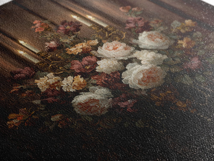 Velvet Drapery with Pearls Flowers and Candlelight Canvas Print, Baroque Art, 3d Wall Art, Living Room Decor, Ornate, BAO-1x1-27
