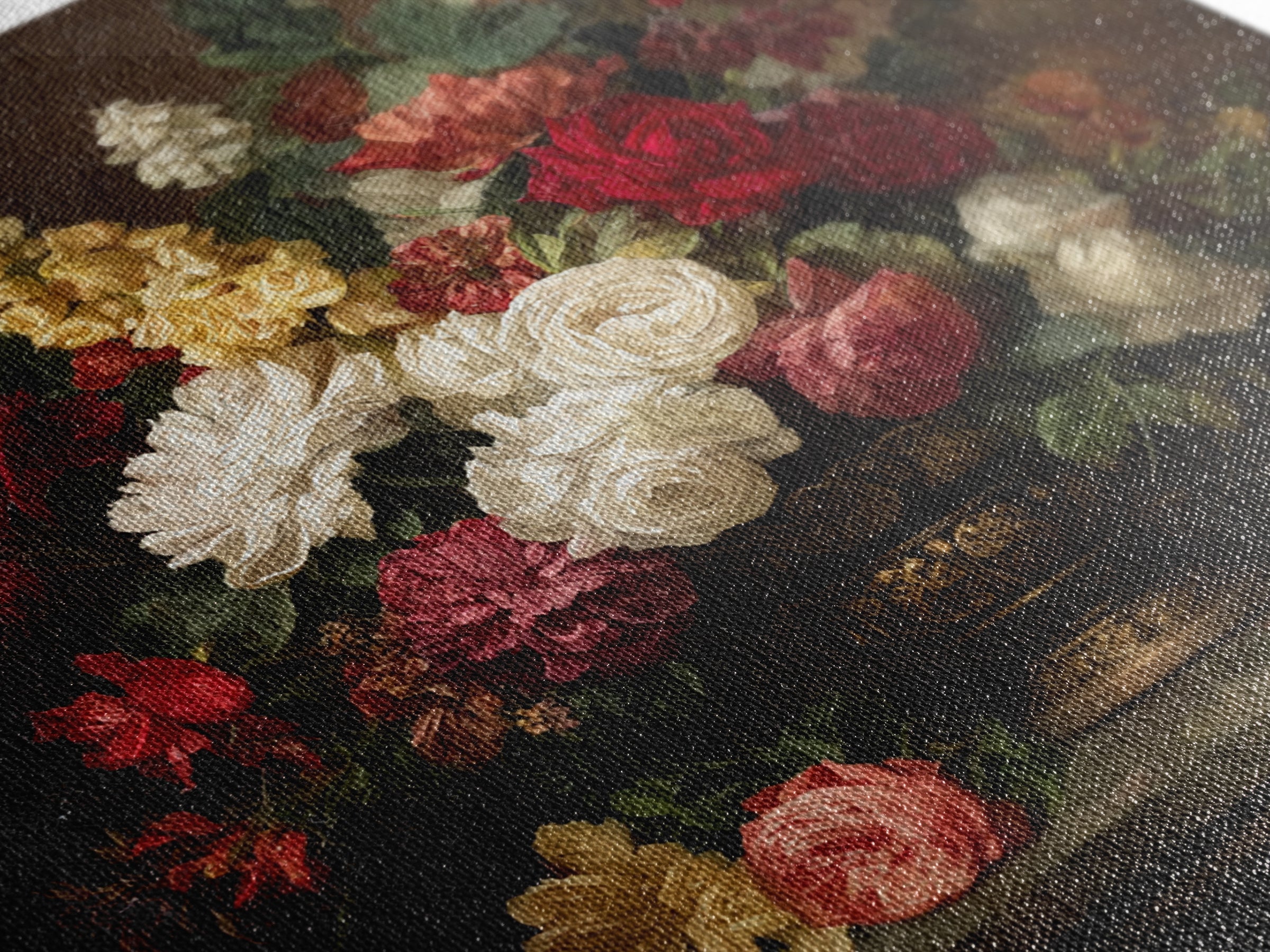 Dark Floral Arrangement Framed Canvas Print, Baroque Art, Oil Painting, Living Room Decor, Fine Art, Ornate, Eclectic Wall Art, BAO-1x1-28