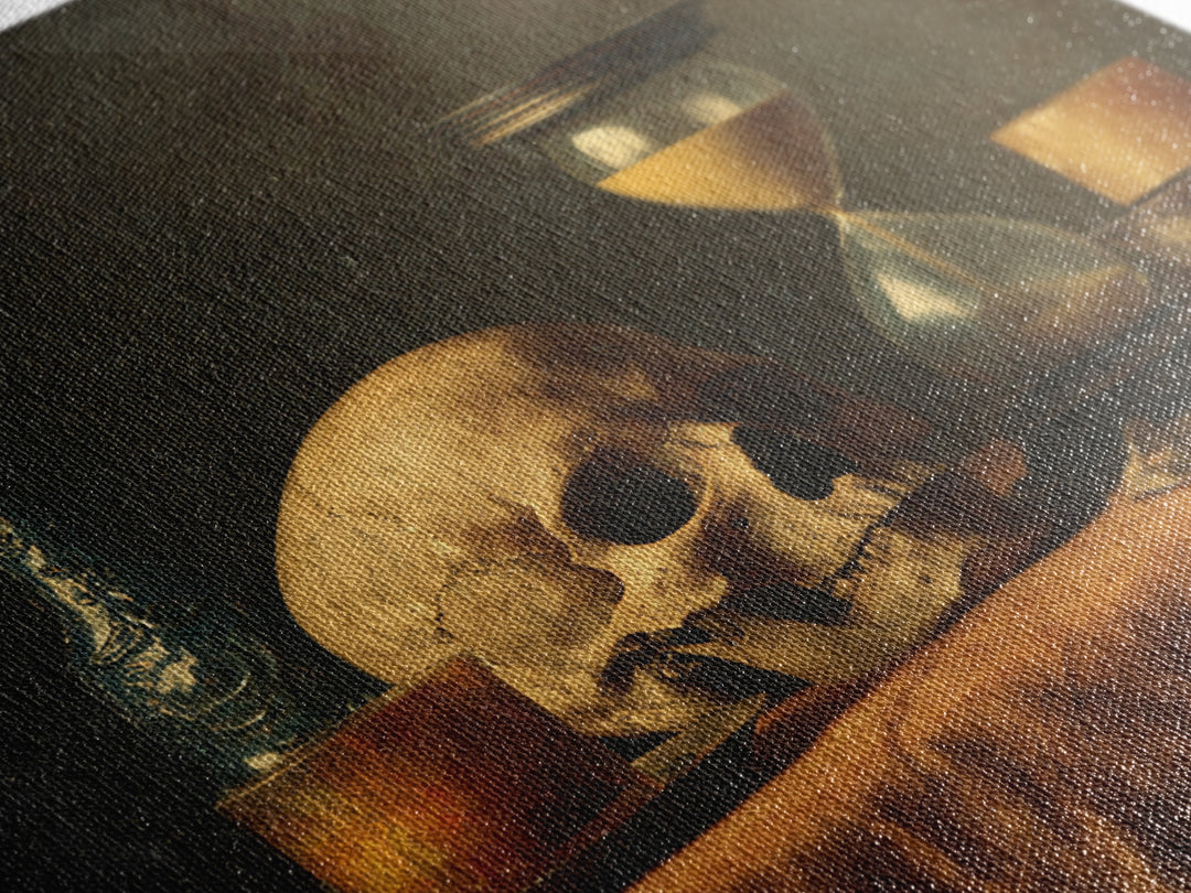 Skull and Hourglass Vanitas Still Life Framed Canvas Print, Baroque Art, Dark Academia Art, Living Room Decor, Fine Art, Ornate, BAO-1x1-29