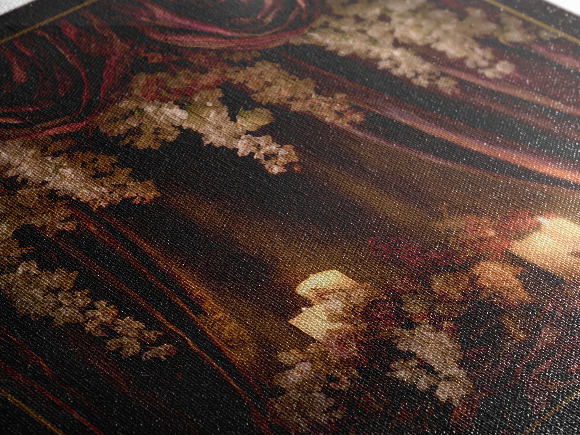 Velvet Drapery with Pearls Flowers and Candlelight Canvas Print, Baroque Art, Canvas, Living Room Decor, Fine Art, Ornate, BAO-1x1-3