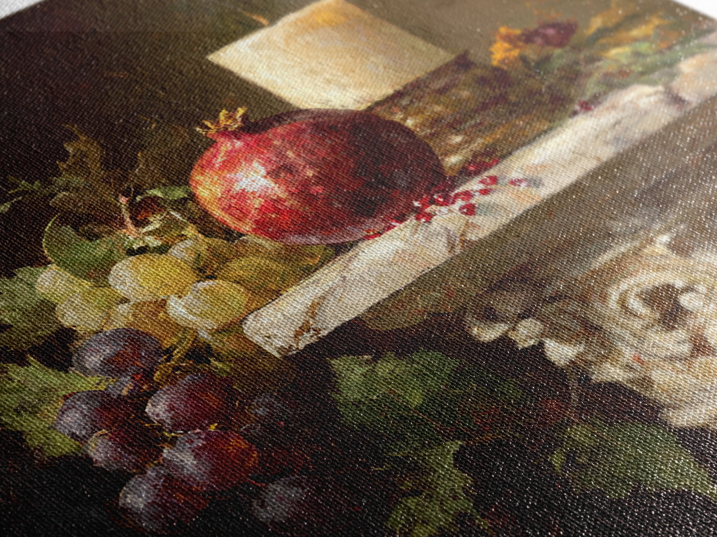 Pomegranate and Grapes on a Marble Ledge Framed Canvas Print, Baroque Art, Home Decor, Living Room Decor, Fine Art, Ornate, BAO-1x1-32
