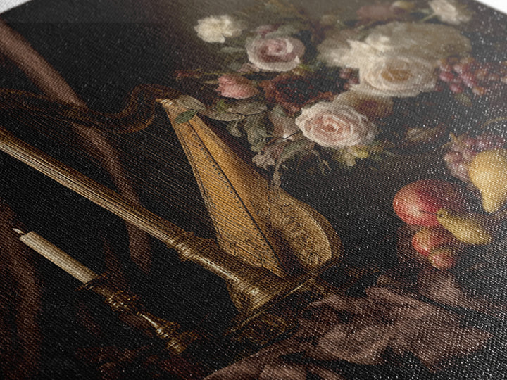 Golden Harp and Roses Framed Canvas Print, Baroque Art, Modern Wall Art, Living Room Decor, Abstract Art, Ornate, Feminist Art, BAO-1x1-42