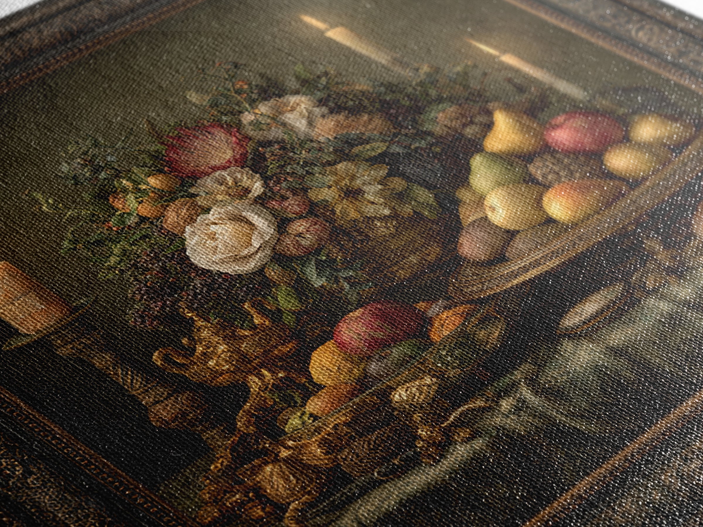 Lavish Banquet Fruit Composition Framed Canvas Print, Baroque Art, Whimsical Decor, Living Room Decor, Fine Art, Ornate, BAO-1x1-44