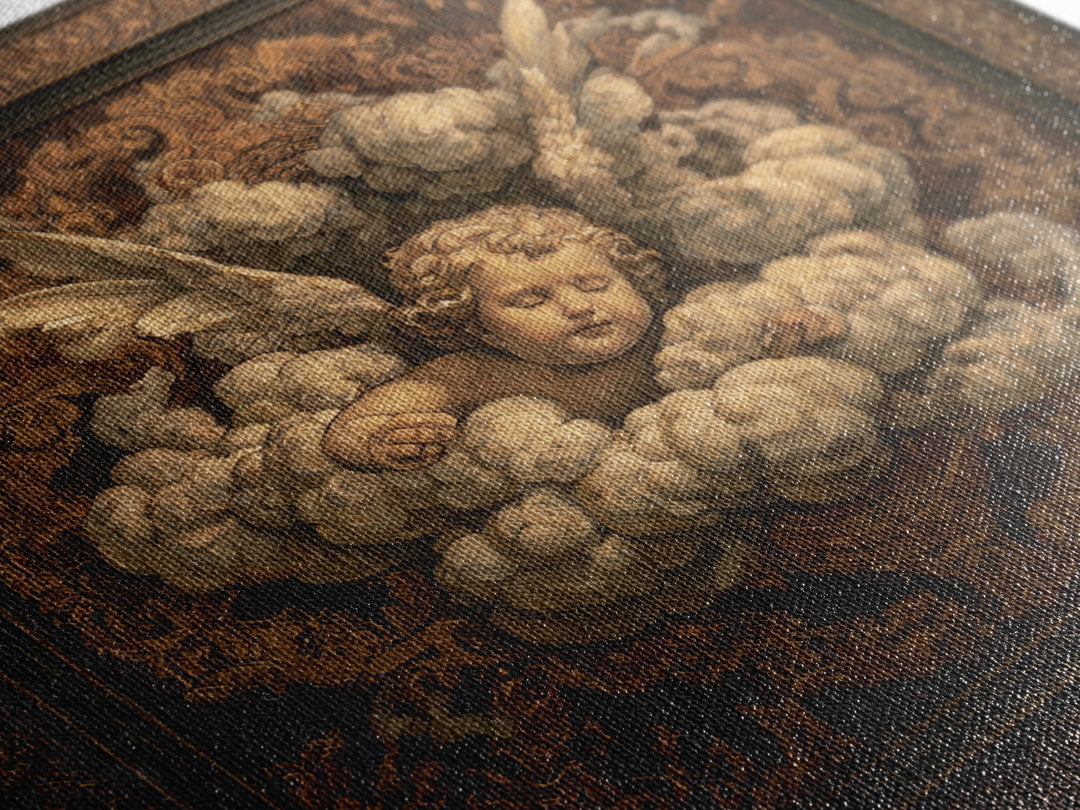 Ornate Cherub Figure Surrounded by Clouds and Canvas Print, Baroque Art, Moody Wall Art, Living Room Decor, Fine Art, Ornate, BAO-1x1-50