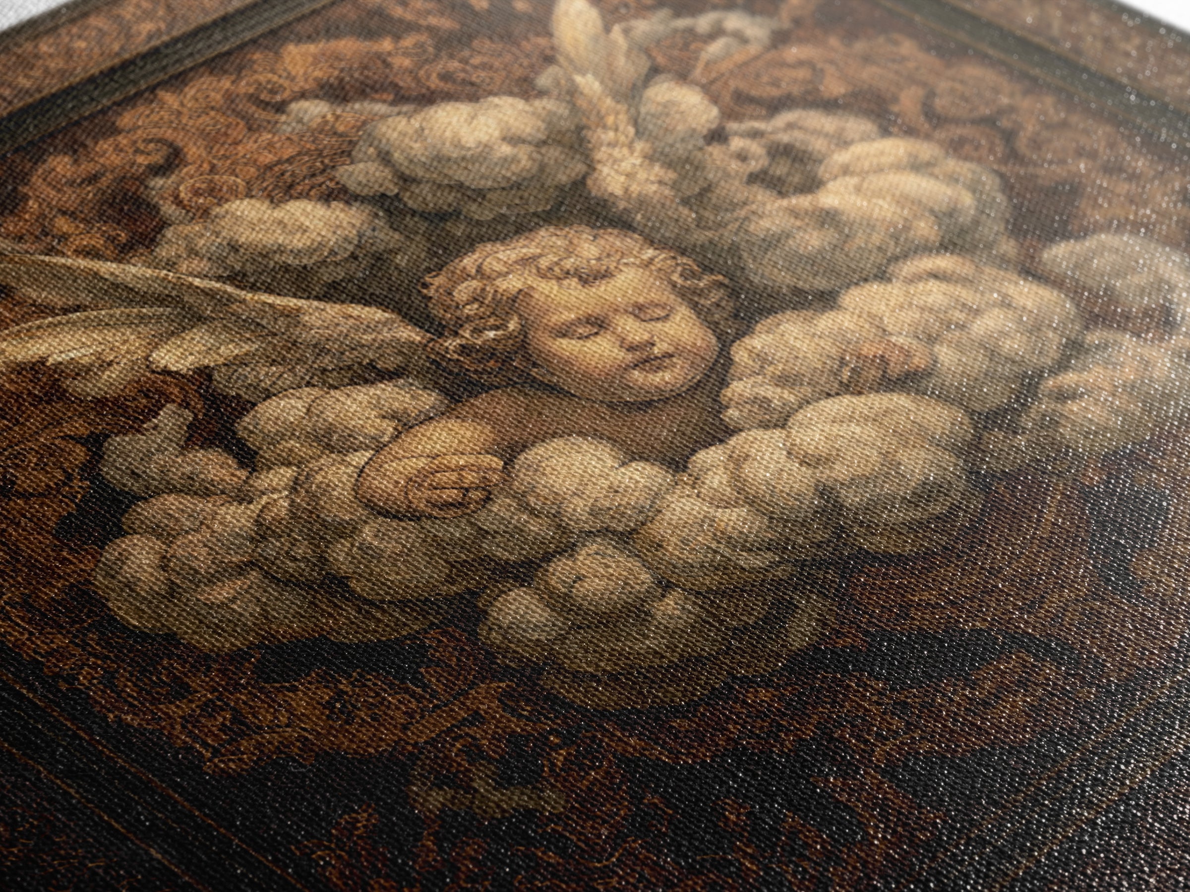 Ornate Cherub Figure Surrounded by Clouds and Canvas Print, Baroque Art, Moody Wall Art, Living Room Decor, Fine Art, Ornate, BAO-1x1-50