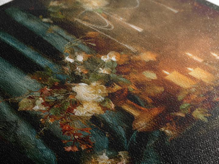Velvet Drapery with Pearls Flowers and Candlelight Canvas Print, Baroque Art, Maximalist Decor, Living Room Decor, Ornate, BAO-1x1-51