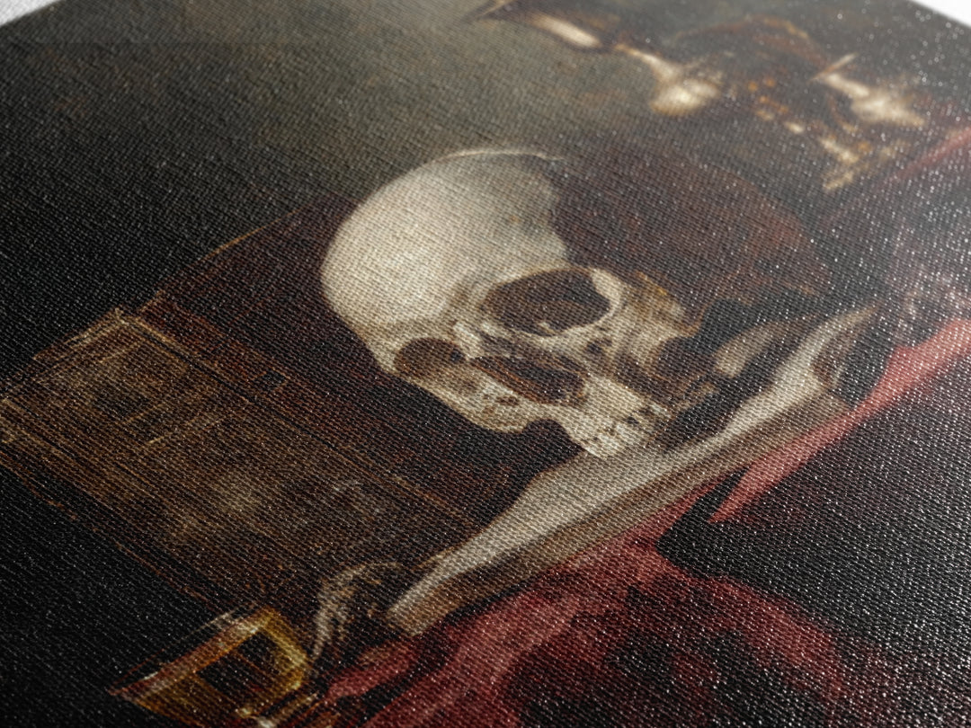 Skull and Hourglass Vanitas Still Life Framed Canvas Print, Baroque Art, Dark Academia Art, Living Room Decor, Fine Art, Ornate, BAO-1x1-53