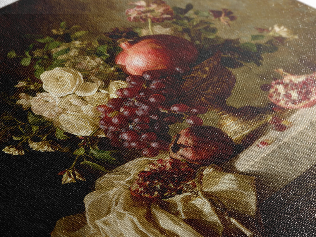 Pomegranate and Grapes on a Marble Ledge Framed Canvas Print, Baroque Art, Digital Wall Art, Living Room Decor, Ornate, BAO-1x1-56