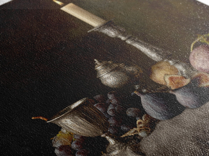 Candlelit Table with Silver Goblet and Figs Canvas Print, Baroque Art, Room Decor Aesthetic, Living Room Decor, Ornate, BAO-1x1-61
