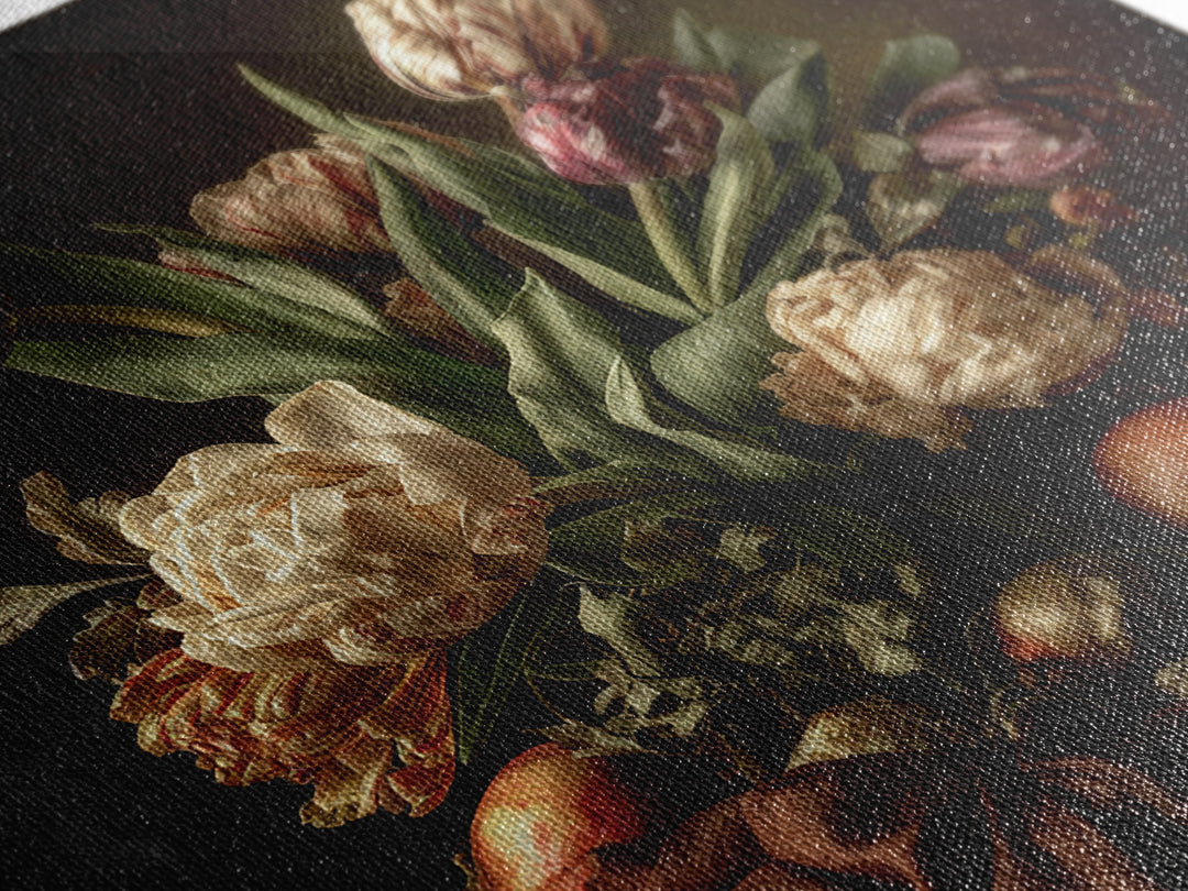 Black Background Tulips Framed Canvas Print, Baroque Art, Living Room Wall Art, Living Room Decor, Ornate, Art Nouveau Decor, BAO-1x1-64