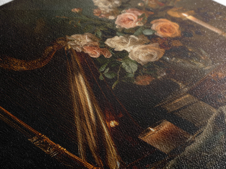 Golden Harp and Roses Framed Canvas Print, Baroque Art, Modern Wall Art, Living Room Decor, Abstract Art, Ornate, Feminist Art, BAO-1x1-66