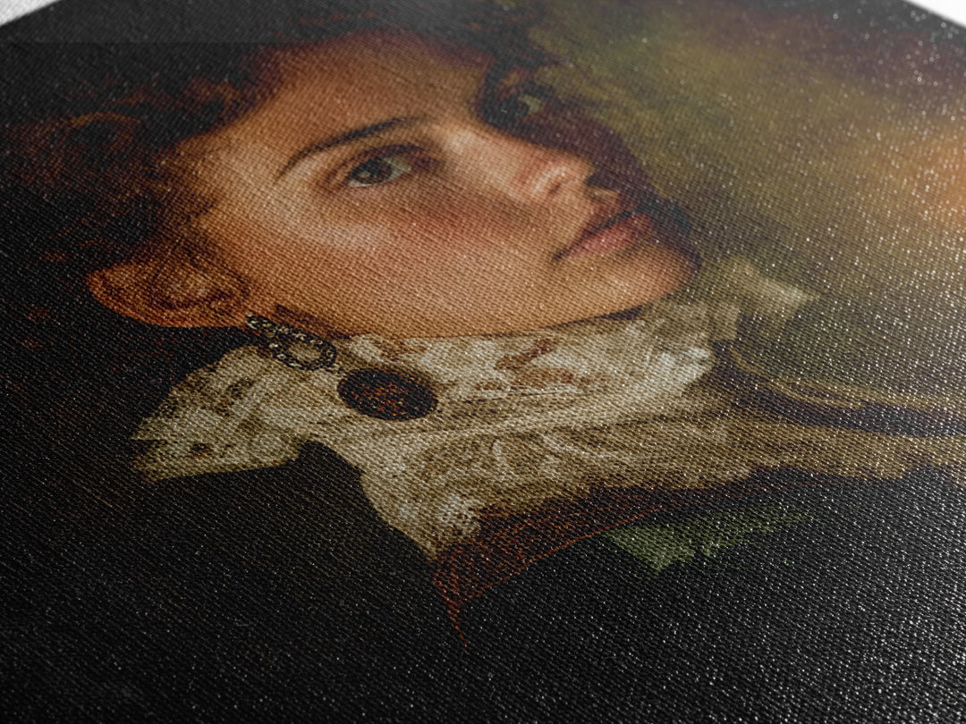 Classical Portrait with Lace Collar and Jewel Framed Canvas Print, Baroque Art, Oil Painting, Living Room Decor, Ornate, BAO-1x1-7