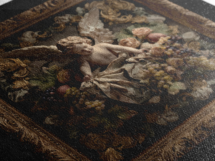 Ornate Cherub Figure Surrounded by Clouds and Canvas Print, Baroque Art, Dark Academia Art, Living Room Decor, Ornate, BAO-1x1-74