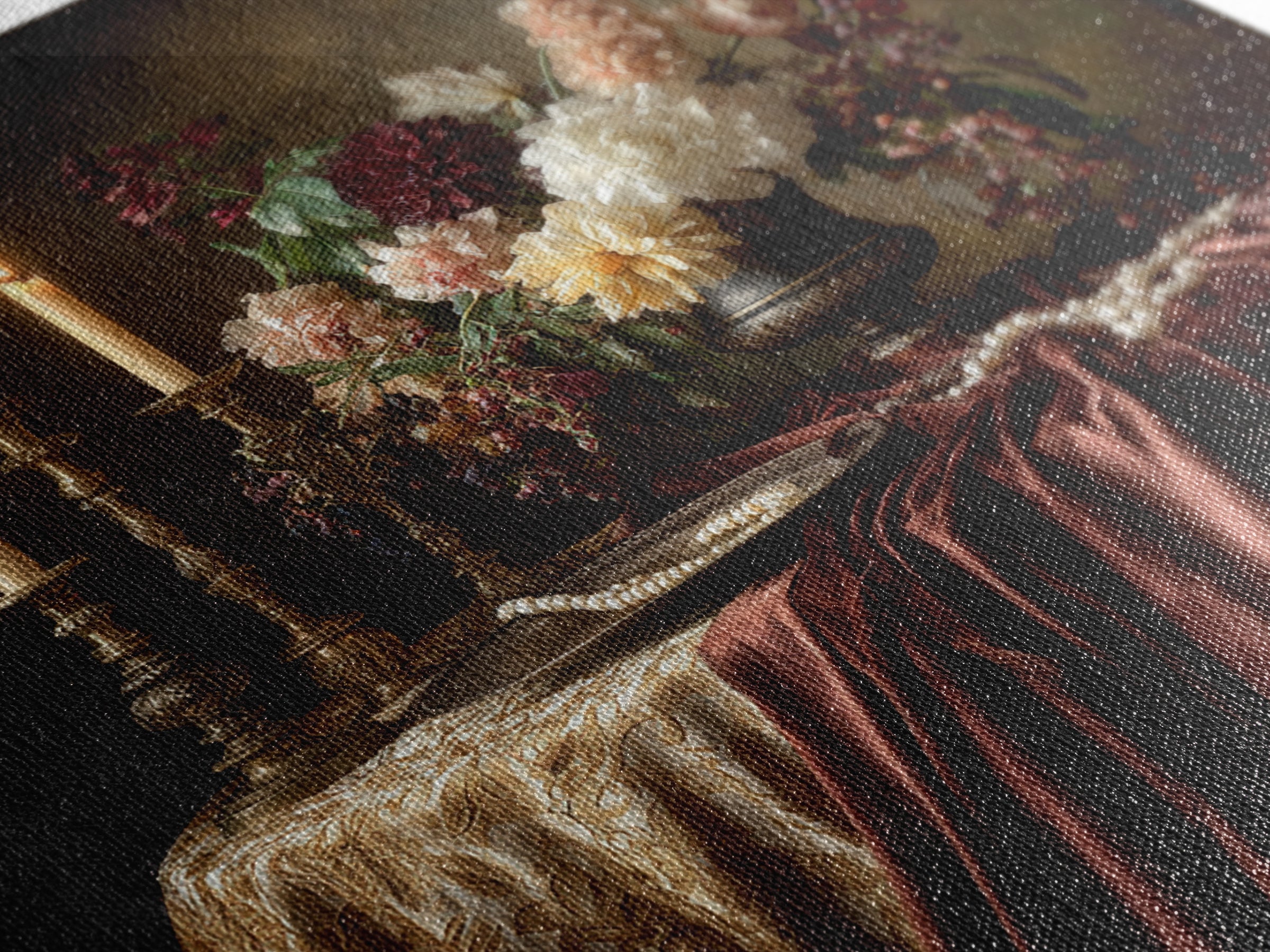 Velvet Drapery with Pearls Flowers and Candlelight Canvas Print, Baroque Art, Baroque, Living Room Decor, Fine Art, Ornate, BAO-1x1-75