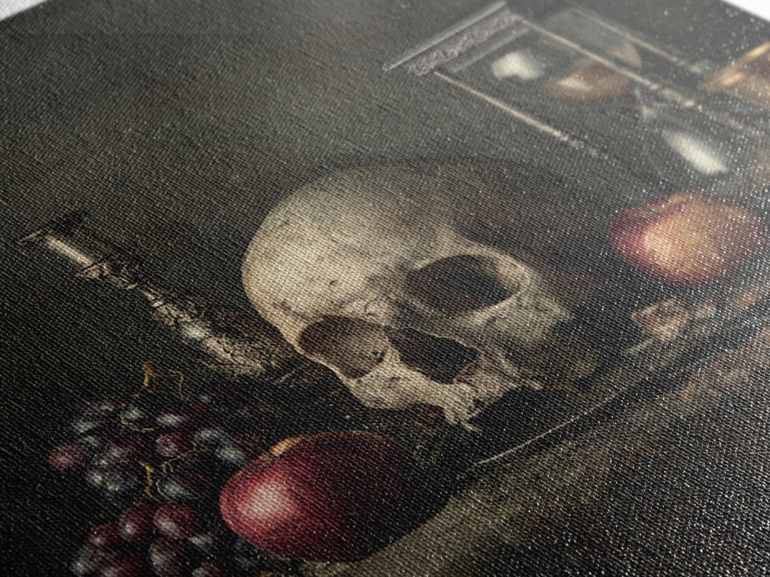 Skull and Hourglass Vanitas Still Life Canvas Print, Baroque Art, Art Nouveau Decor, Living Room Decor, Fine Art, Ornate, BAO-1x1-77
