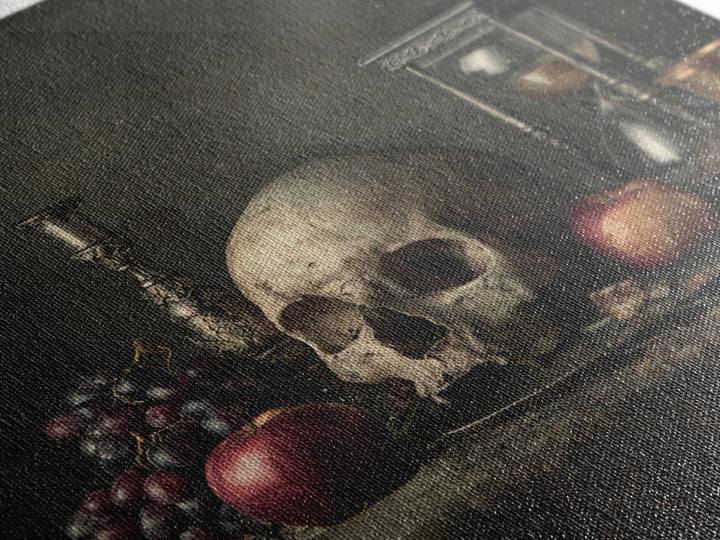 Skull and Hourglass Vanitas Still Life Canvas Print, Baroque Art, Art Nouveau Decor, Living Room Decor, Fine Art, Ornate, BAO-1x1-77