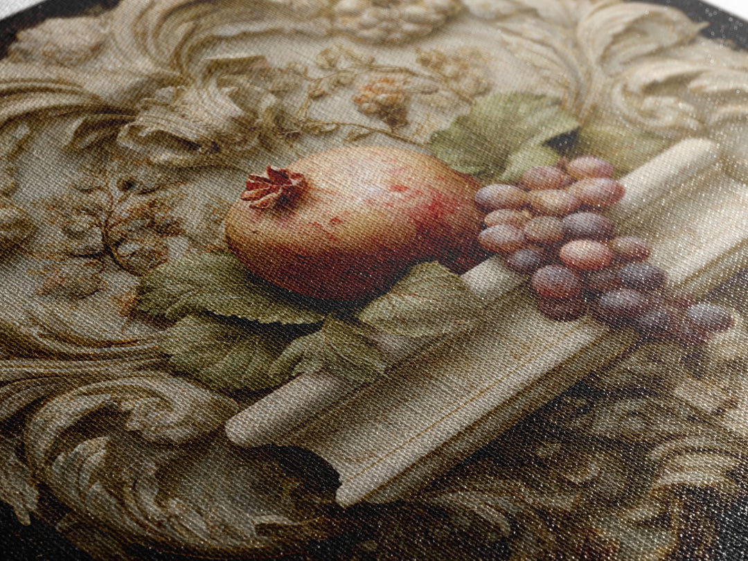 Pomegranate and Grapes on a Marble Ledge Framed Canvas Print, Baroque Art, Home Decor, Living Room Decor, Fine Art, Ornate, BAO-1x1-80