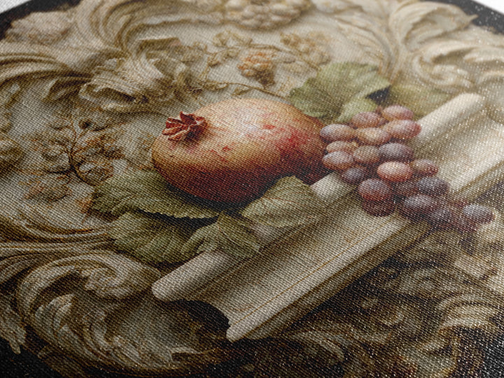 Pomegranate and Grapes on a Marble Ledge Framed Canvas Print, Baroque Art, Home Decor, Living Room Decor, Fine Art, Ornate, BAO-1x1-80