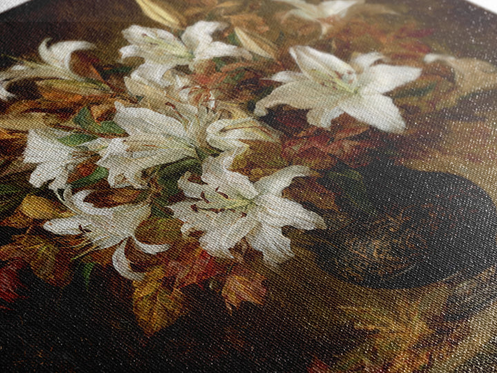 Dramatic White Lilies Framed Canvas Print, Baroque Art, Maximalist Wall Art, Living Room Decor, Abstract Art, Ornate, BAO-1x1-84