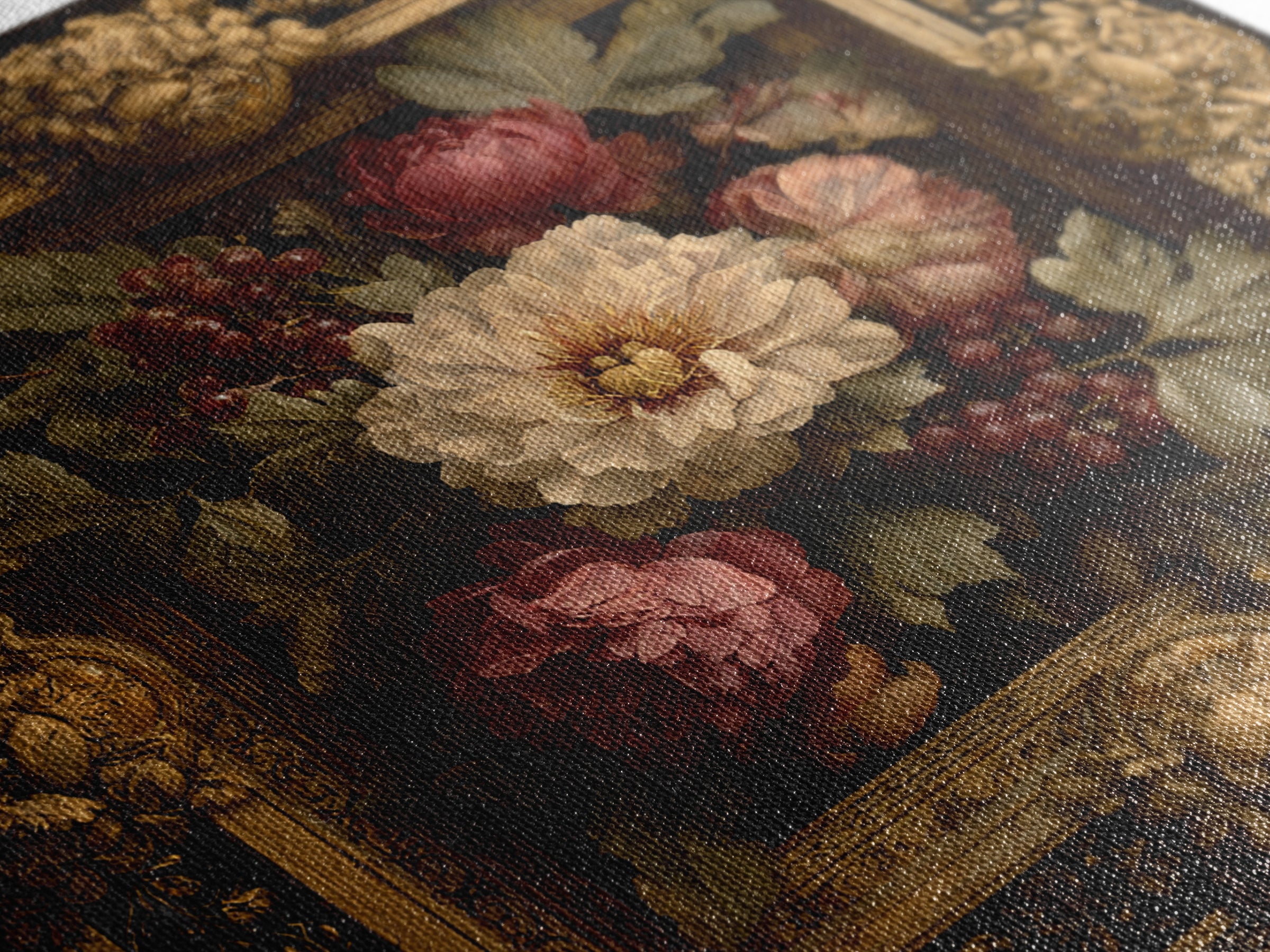 Ornate Gold Frame Illusion Around a Botanical Canvas Print, Baroque Art, Minimalist Wall Art, Living Room Decor, Ornate, BAO-1x1-9