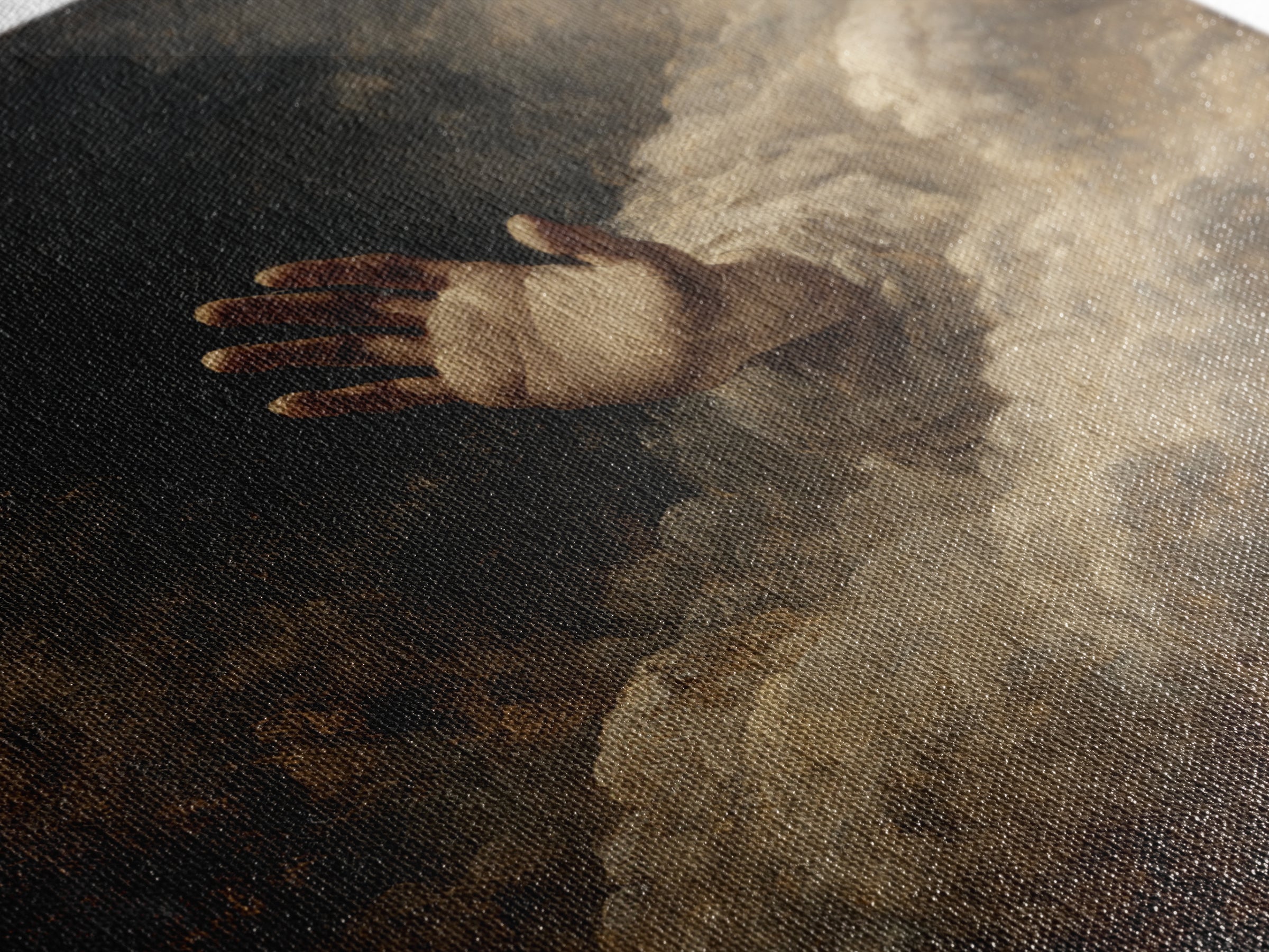 Angelic Hand Reaching Through Clouds Framed Canvas Print, Baroque Art, Maximalist Wall Art, Living Room Decor, Oil Painting, BAO-1x1-93