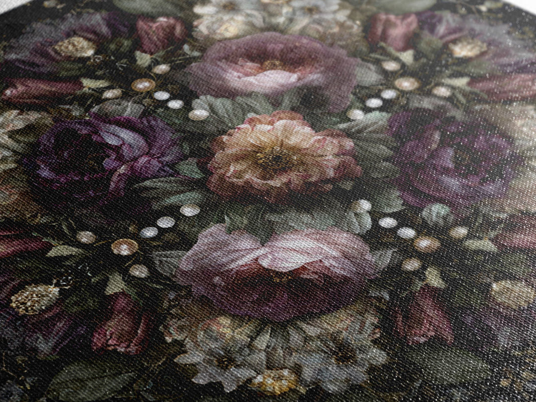 Velvet Drapery with Pearls Flowers and Candlelight Canvas Print, Baroque Art, Living Room Decor, Oil Painting, Ornate, BAO-1x1-99