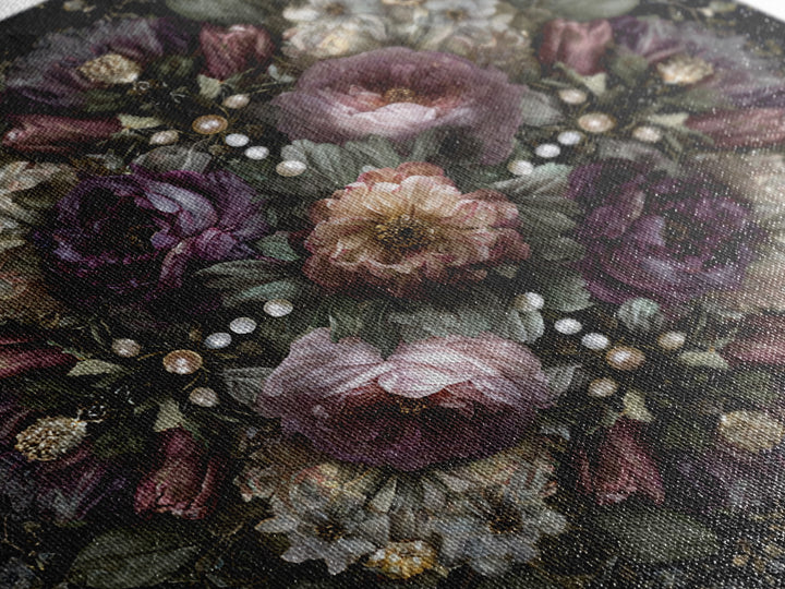 Velvet Drapery with Pearls Flowers and Candlelight Canvas Print, Baroque Art, Living Room Decor, Oil Painting, Ornate, BAO-1x1-99