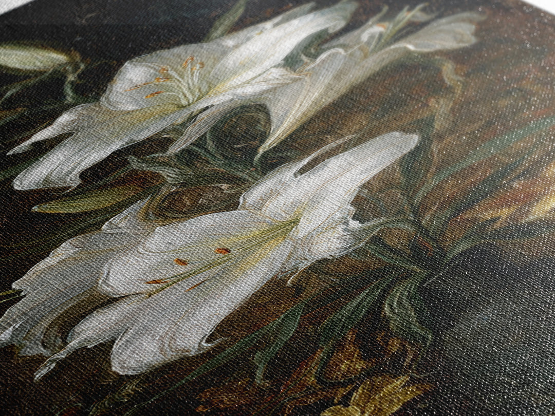 Dramatic White Lilies Framed Canvas Print, Baroque Art, Maximalist Decor, Living Room Decor, Fine Art, Ornate, Fine Art Print, BAO-1x3-24