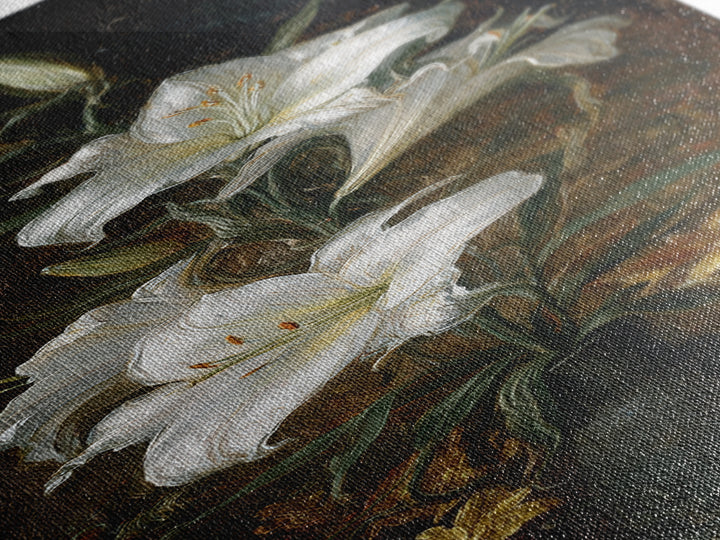 Dramatic White Lilies Framed Canvas Print, Baroque Art, Maximalist Decor, Living Room Decor, Fine Art, Ornate, Fine Art Print, BAO-1x3-24