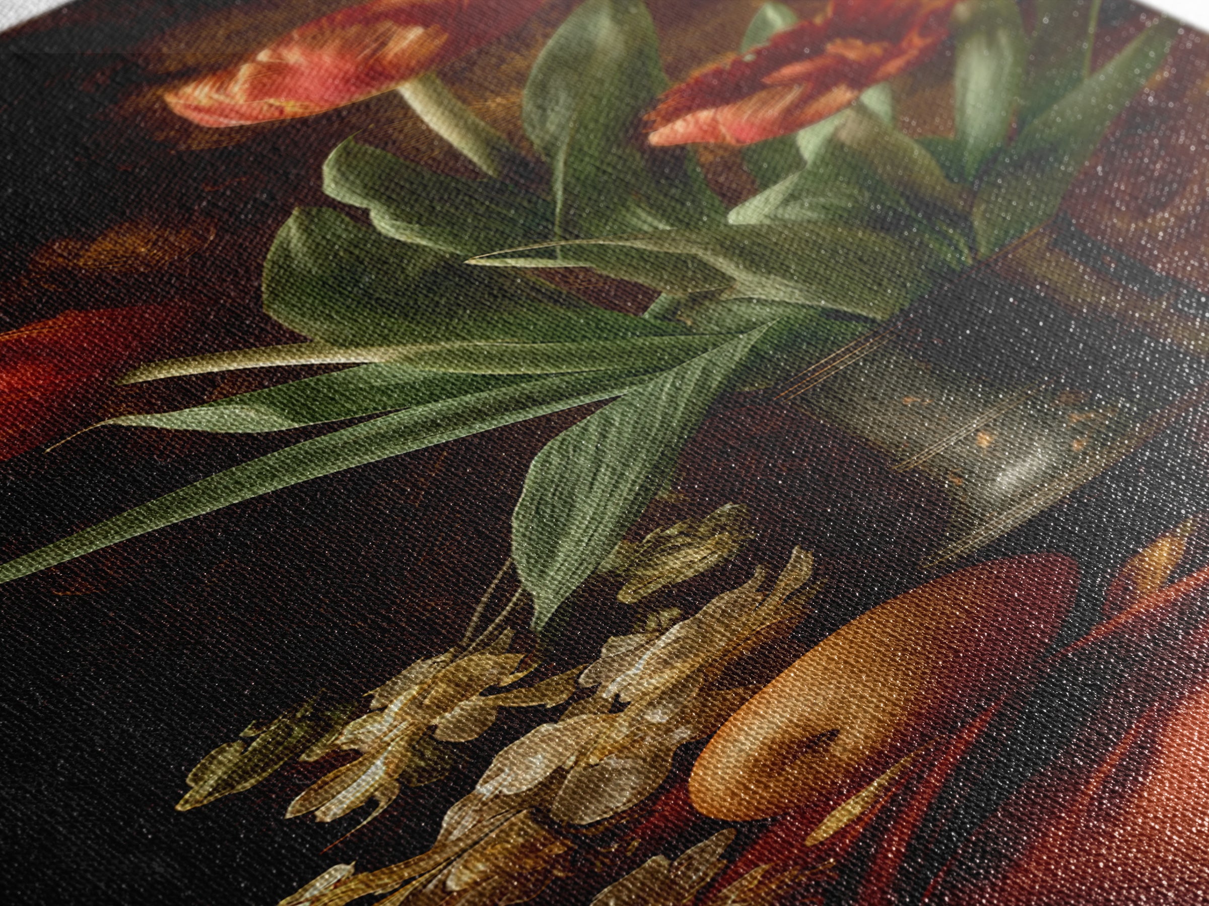 Black Background Tulips Framed Canvas Print, Baroque Art, Room Decor Aesthetic, Living Room Decor, Fine Art, Ornate, Home Decor, BAO-1x3-4