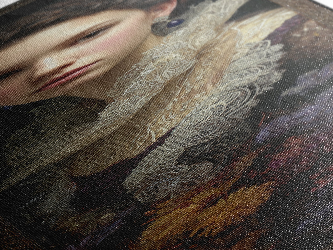 Classical Portrait with Lace Collar and Jewel Canvas Print, Baroque Art, Wall Decor, Living Room Decor, Fine Art, Ornate, BAO-1x3-43