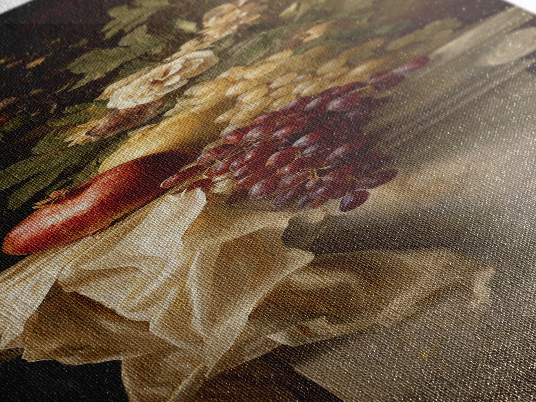 Pomegranate and Grapes on a Marble Ledge Canvas Print, Baroque Art, Art Nouveau Decor, Living Room Decor, Fine Art, Ornate, BAO-1x3-44