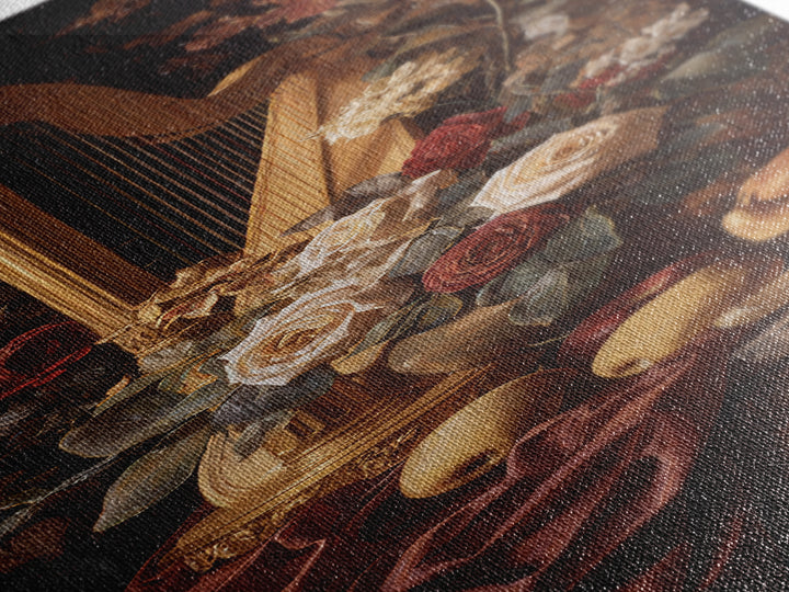 Golden Harp and Roses Canvas Print, Baroque Art, Portrait Painting, Living Room Decor, Fine Art, Ornate, Neutral Decor, BAO-1x3-78