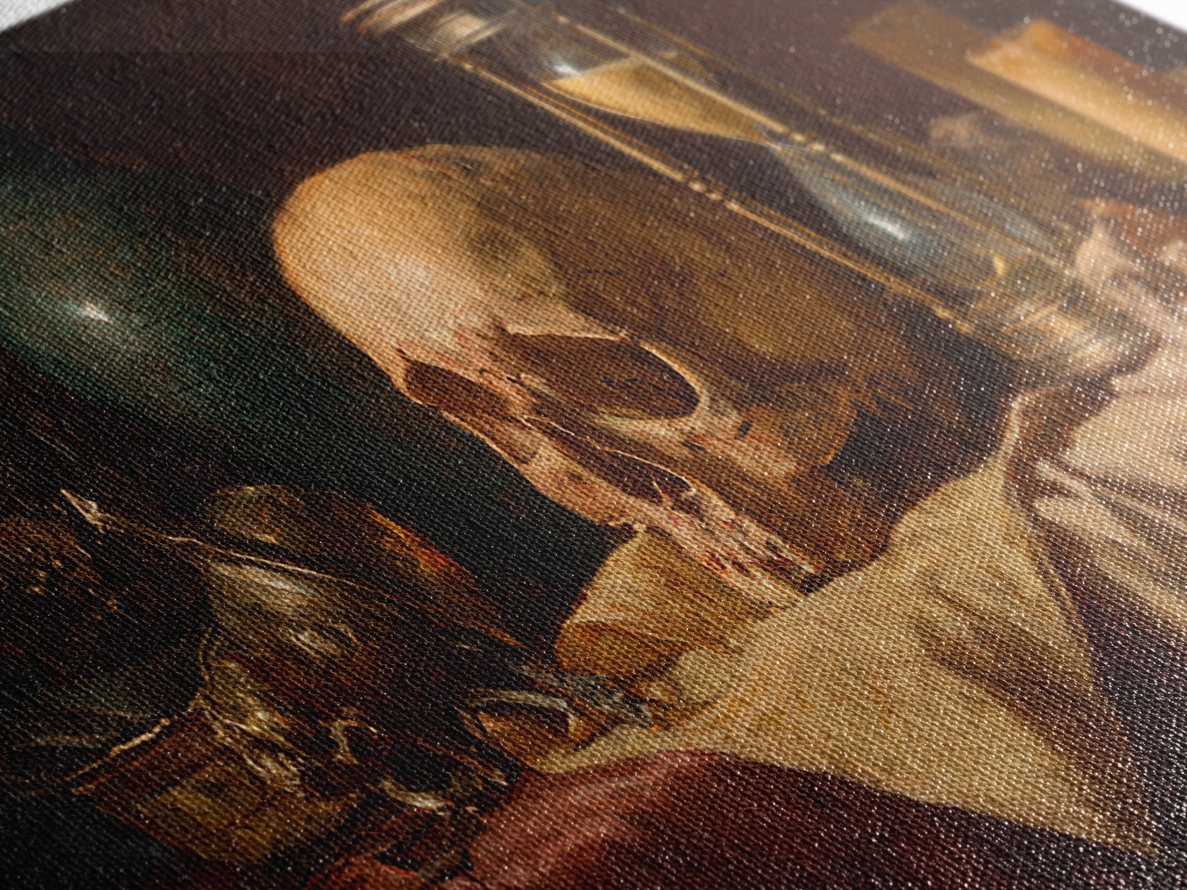 Skull and Hourglass Vanitas Still Life Framed Canvas Print, Baroque Art, Neutral Decor, Living Room Decor, Fine Art, Ornate, BAO-2x1-1