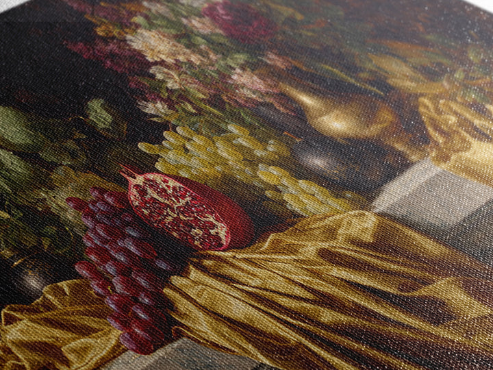 Pomegranate and Grapes on a Marble Ledge Framed Canvas Print, Baroque Art, Eclectic Wall Art, Living Room Decor, Ornate, BAO-2x1-100