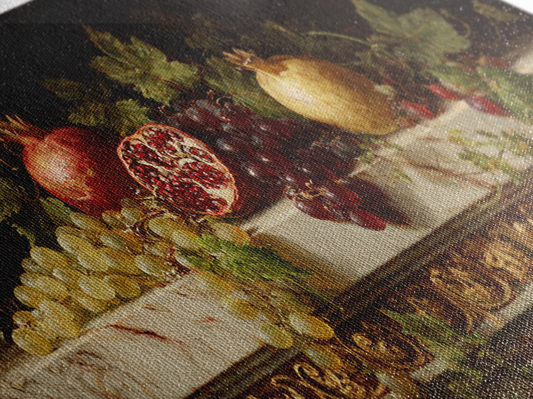 Pomegranate and Grapes on a Marble Ledge Framed Canvas Print, Baroque Art, Textured Painting, Living Room Decor, Ornate, BAO-2x1-28
