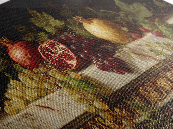 Pomegranate and Grapes on a Marble Ledge Framed Canvas Print, Baroque Art, Textured Painting, Living Room Decor, Ornate, BAO-2x1-28