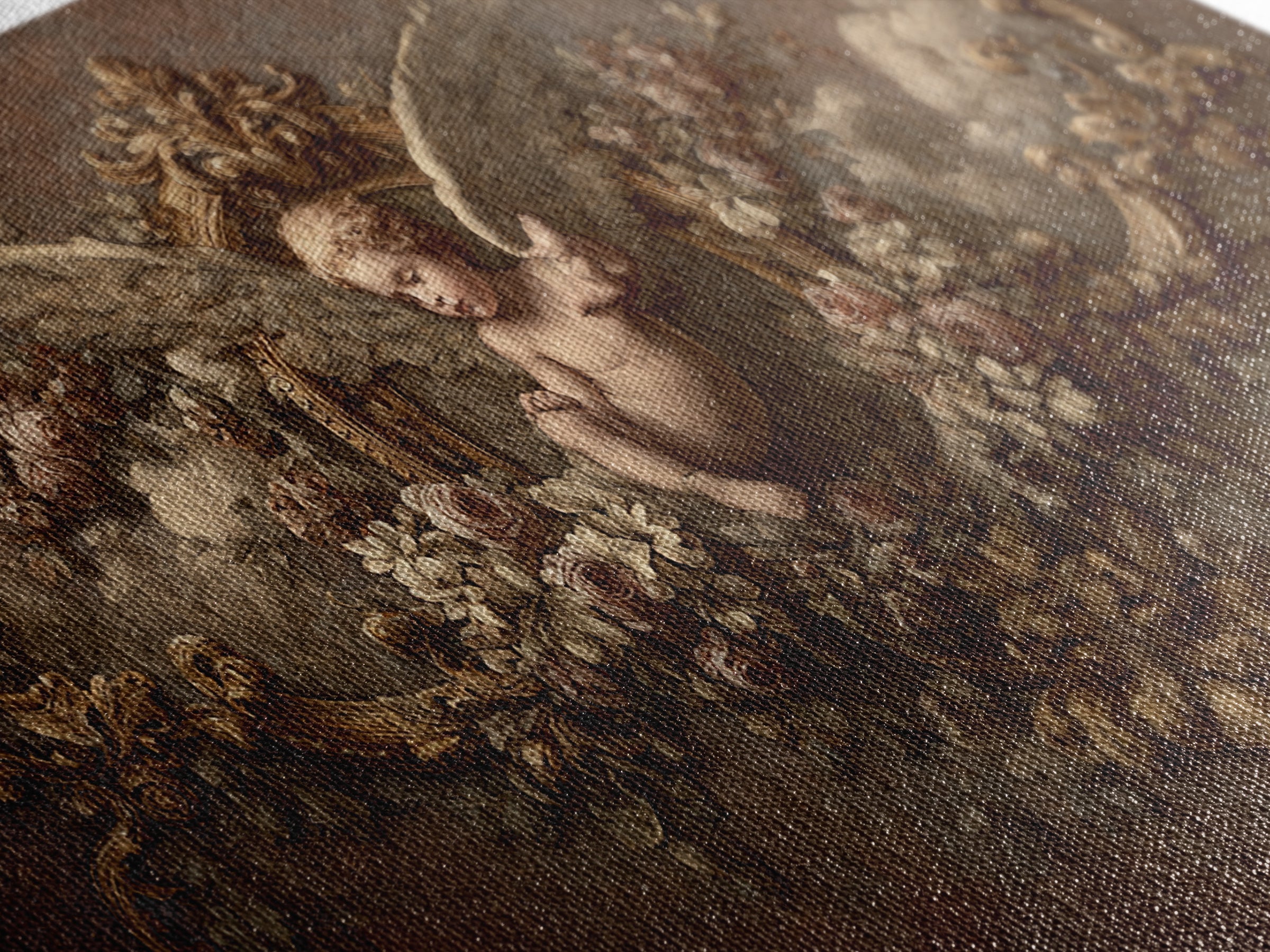 Ornate Cherub Figure Surrounded by Clouds and Framed Canvas Print, Baroque Art, Neutral Decor, Living Room Decor, Ornate, BAO-2x1-46