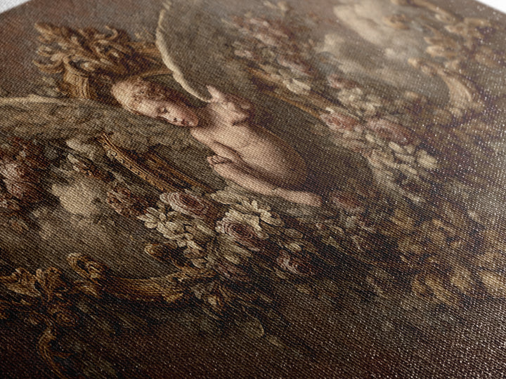 Ornate Cherub Figure Surrounded by Clouds and Framed Canvas Print, Baroque Art, Neutral Decor, Living Room Decor, Ornate, BAO-2x1-46