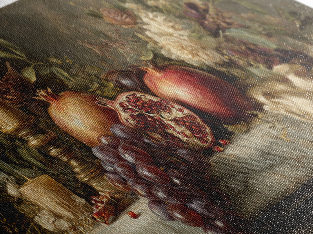 Pomegranate and Grapes on a Marble Ledge Canvas Print, Baroque Art, Art, Living Room Decor, Fine Art, Ornate, Modern Wall Art, BAO-2x1-52
