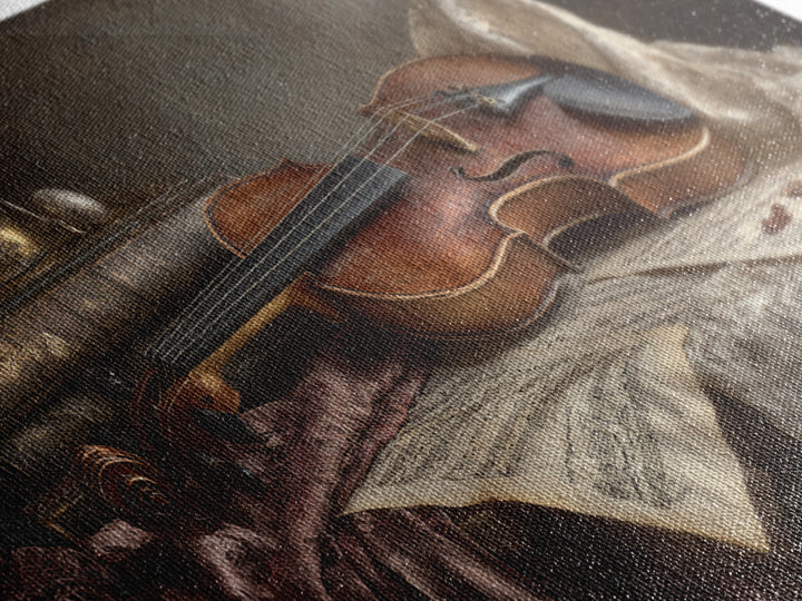 Baroque Violin and Sheet Music Still Life Framed Canvas Print, Baroque Art, Digital Wall Art, Living Room Decor, Ornate, BAO-2x1-55