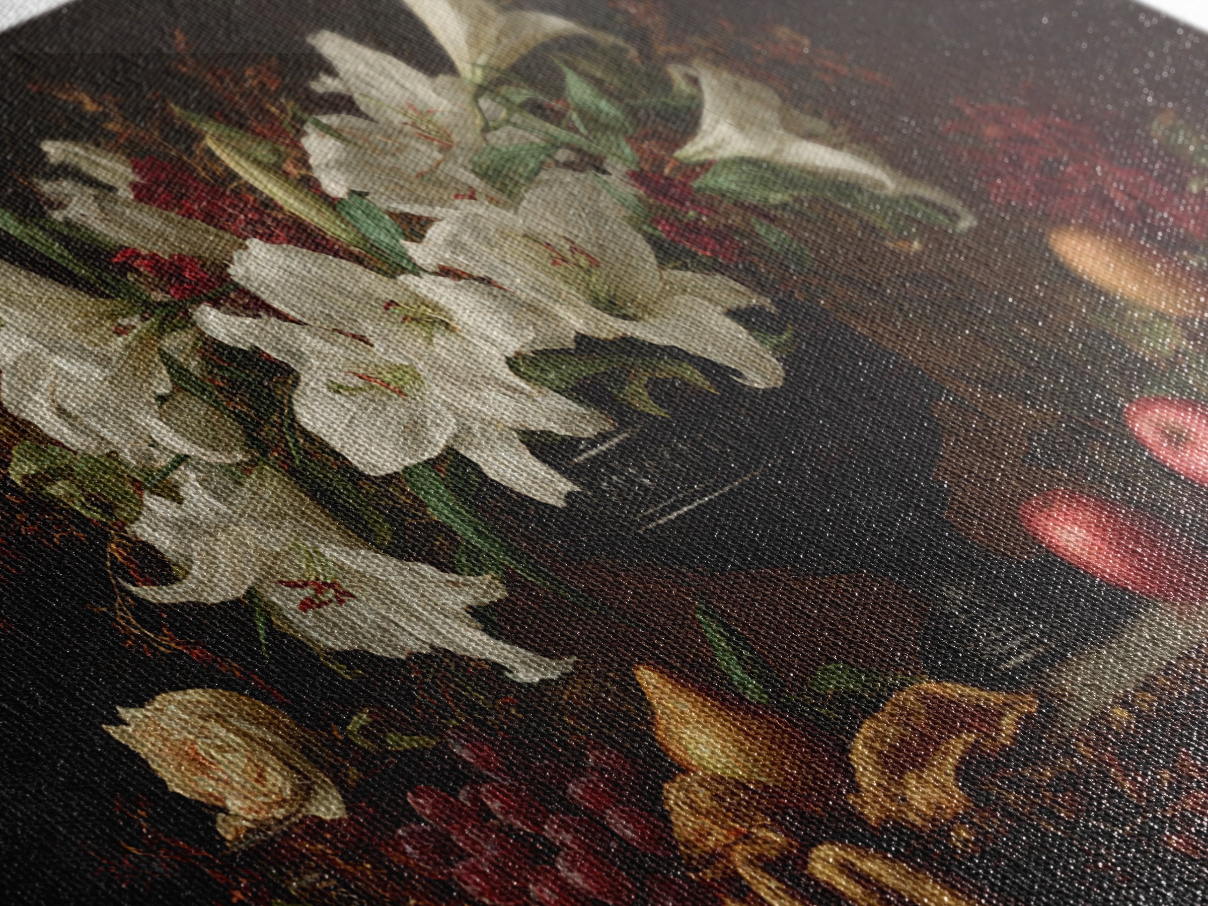 Dramatic White Lilies Framed Canvas Print, Baroque Art, Painting, Living Room Decor, Fine Art, Ornate, Living Room Wall Art, BAO-2x1-56