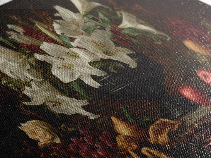 Dramatic White Lilies Framed Canvas Print, Baroque Art, Painting, Living Room Decor, Fine Art, Ornate, Living Room Wall Art, BAO-2x1-56